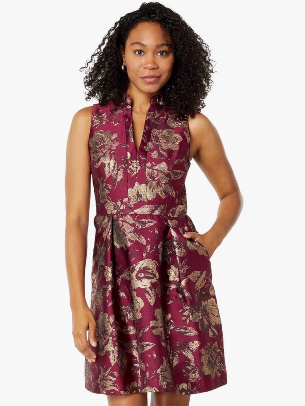 Vince Camuto Burgundy Gold Metallic Jacquard Fit Flare Dress Size 4
